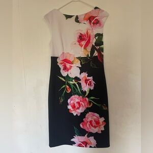 Joseph Ribkoff dress size 10 black white block roses pink Easter